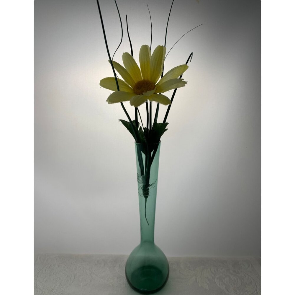 MCM Vintage Green ART Glass Bud Vase Bulb Fluted with Floral Etching 8"